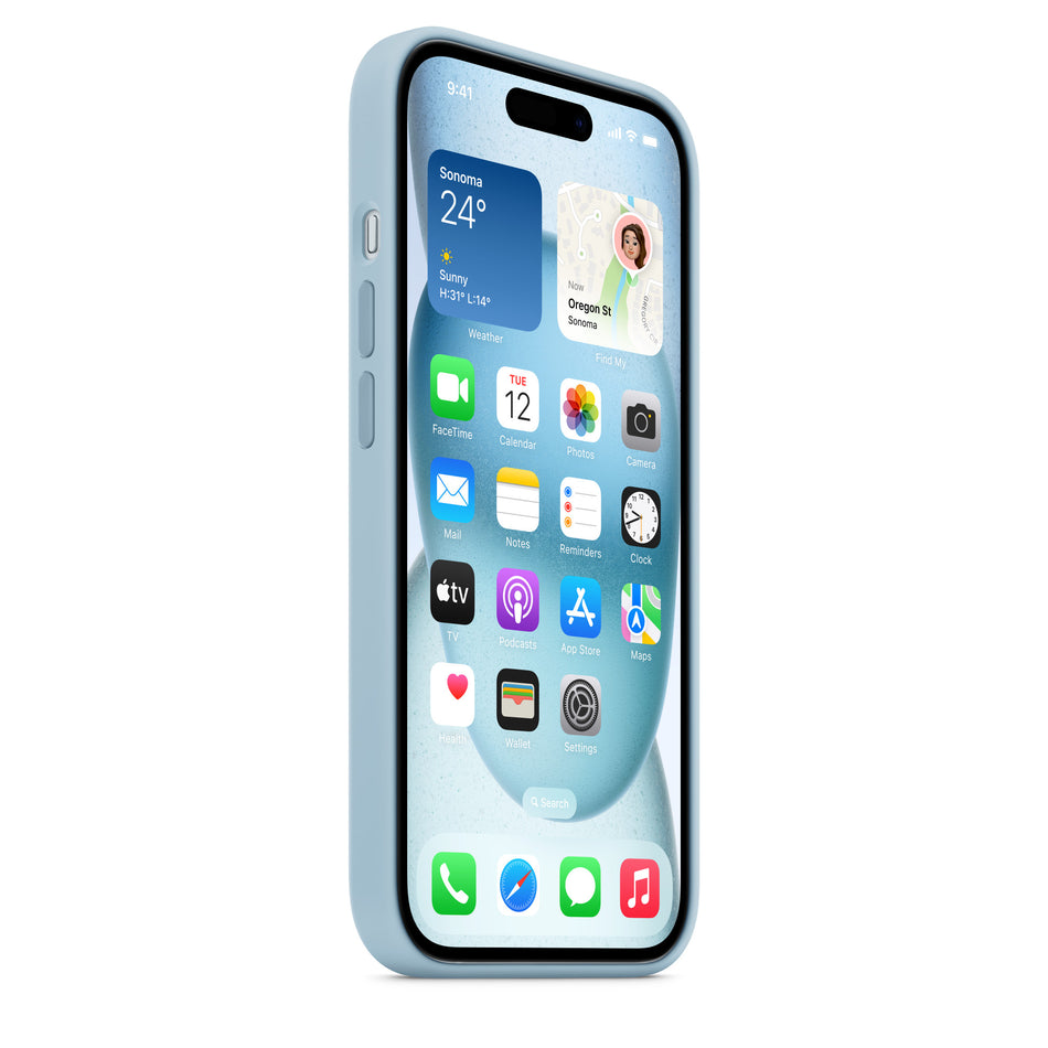 Silikonhülle für iPhone 15 – Hellblau, MagSafe-kompatibel